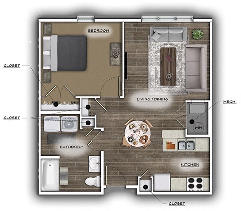 Floor plan for 1 bed, 1 bath, 1017 sqft